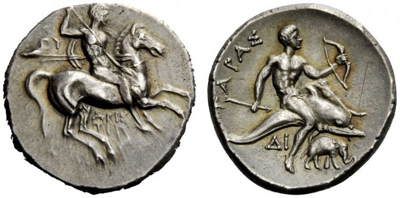 GREEK COINS 
 Calabria, Tarentum 
 Nomos circa 281-270, AR 6.48 g. Armed horse...