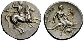 GREEK COINS 
 Calabria, Tarentum 
 Nomos circa 281-270, AR 6.48 g. Armed horseman spearing down; in l. field, GU; below horse, ARIS / TIP. Rev. TAPA...