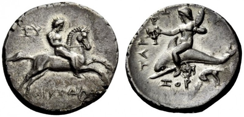 GREEK COINS 
 Calabria, Tarentum 
 Nomos circa 281-270, AR 7.79 g. Horseman ga...