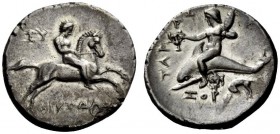 GREEK COINS 
 Calabria, Tarentum 
 Nomos circa 281-270, AR 7.79 g. Horseman galloping r., holding reins with both hands; in l. field, ΣΥ. Below hors...