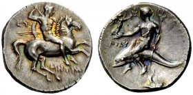 GREEK COINS 
 Calabria, Tarentum 
 Nomos circa 281-270, AR 6.51 g. Helmeted and armed horseman spearing down; in l. field, EY; below horse, FIN - TI...