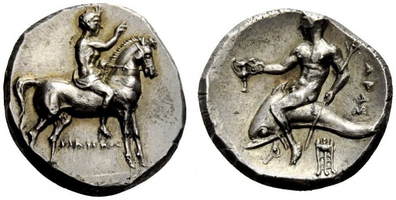GREEK COINS 
 Calabria, Tarentum 
 Nomos circa 272-240, AR 6.51 g. Horseman on...