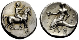 GREEK COINS 
 Calabria, Tarentum 
 Nomos circa 272-240, AR 6.51 g. Horseman on stationary horse r., raising r. hand and holding bridle with l.; bene...