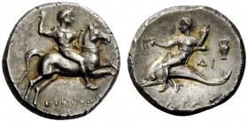 GREEK COINS 
 Calabria, Tarentum 
 Nomos circa 272-240, AR 6.59 g. Horseman armed with short javelin on horse prancing r.; beneath TIPPOD. Rev. [T]A...
