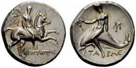 GREEK COINS 
 Calabria, Tarentum 
 Nomos circa 240-228, AR 6.32 g. Horseman, holding palm tied with fillet, on horse prancing r.; behind. AP ligate ...
