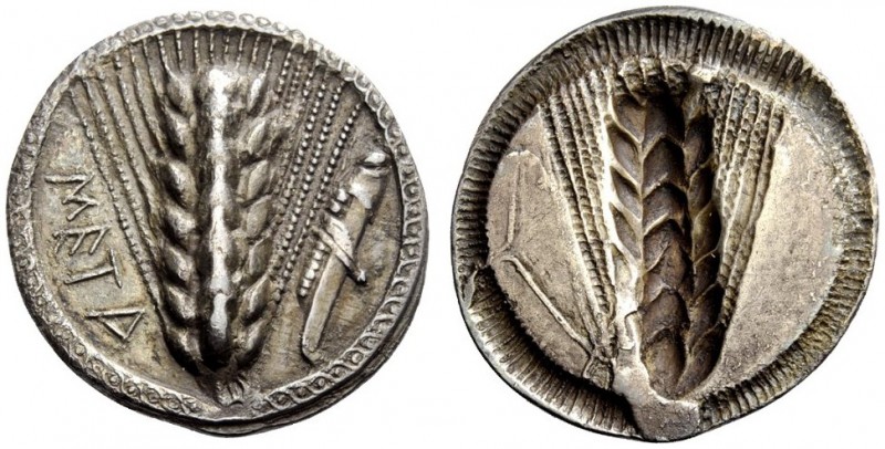 GREEK COINS 
 Lucania, Metapontum 
 Nomos circa 500, AR 6.89 g. META Ear of ba...