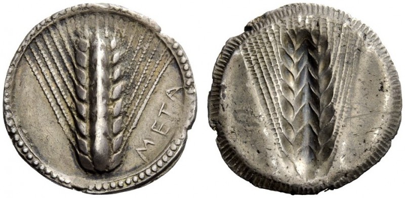GREEK COINS 
 Lucania, Metapontum 
 Nomos circa 500, AR 8.10 g. META Ear of ba...