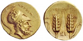 GREEK COINS 
 Lucania, Metapontum 
 Tetrobol circa 330, AV 2.85 g. LEUKIP[POS] Bearded head of Leucippus r., wearing crested Corinthian helmet, bowl...