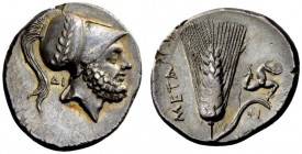 GREEK COINS 
 Lucania, Metapontum 
 Nomos circa 290-280, AR 7.88 g. Bearded head of Leucippus r., wearing crested Corinthian helmet with bowl decora...