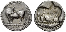 GREEK COINS 
 Sybaris 
 Drachm circa 550-510, AR 2.61 g. Bull standing l. on dotted exergual line, looking backward; in exergue, VM. Rev. The same t...