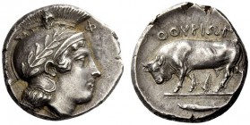 GREEK COINS 
 Thurium 
 Nomos circa 420-400, AR 7.98 g. Helmeted head of Athena r., bowl decorated with olive wreath; above, visor, F. Rev. ΘΟΥΡΙΩΝ ...