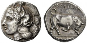GREEK COINS 
 Thurium 
 Di-nomos circa 380-360, AR 15.90 g. Head of Athena l., wearing crested helmet, bowl decorated with Scylla hurling stone. Rev...