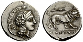 GREEK COINS 
 Velia 
 Didrachm circa 300-280, AR 7.51 g. Head of Athena r., wearing wreathed and crested Attic helmet; bowl decorated with wing. Beh...