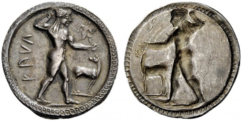 GREEK COINS 
 Caulonia 
 Nomos circa 525-500, AR 8.03 g. ΚΑVΛ Apollo, diademed...