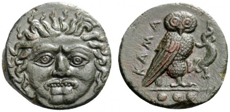 GREEK COINS 
 Sicily, Camarina 
 Tetras circa 420-410, Æ 3.93 g. Gorgoneion, h...