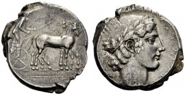 GREEK COINS
Catana
Tetradrachm circa 440-430, AR 17.31 g. Slow quadriga driven r. by charioteer, holding kentron and reins. Rev. KATANA – I – [O – N...
