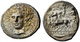 GREEK COINS 
 Catana 
 Tetradrachm signed by Herakleidas circa 405-402, AR 16.74 g. Laureate head of Apollo, facing three-quarters l., his hair fall...