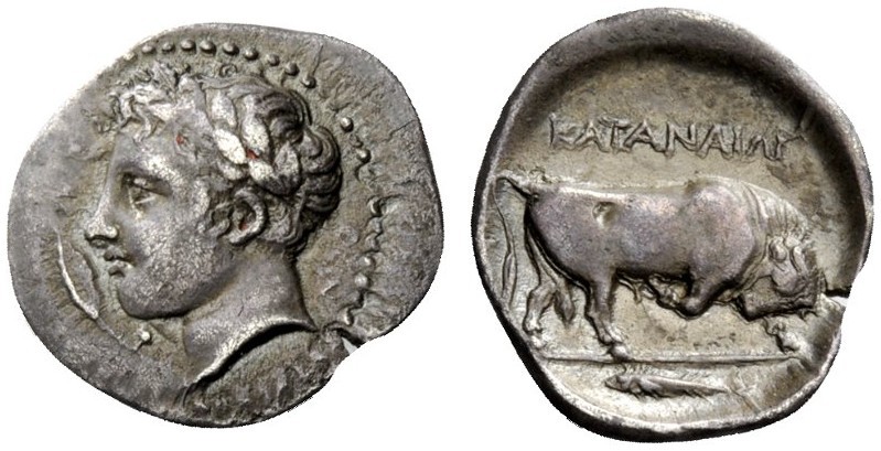GREEK COINS
Catana
Hemidrachm circa 405, AR 1.99 g. Laureate head of Apollo l....