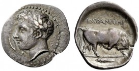 GREEK COINS
Catana
Hemidrachm circa 405, AR 1.99 g. Laureate head of Apollo l.; before, leaf with berry and behind, LE - ON. Rev. KATANAIWN Bull but...