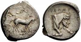 GREEK COINS 
 Gela 
 Tetradrachm circa 450-440, AR 17.52 g. Slow quadriga driven r. by charioteer, holding reins and kentron ; in field above, Nike ...