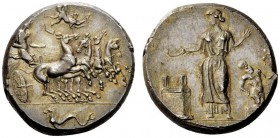 GREEK COINS 
 Himera 
 Tetradrachm before 405, AR 17.15 g. Fast quadriga driven r. by nymph Himera; above, Nike flying l. to crown her with r. hand,...