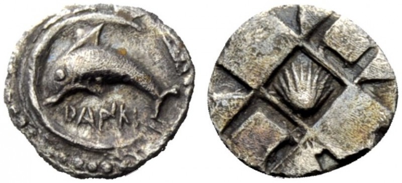 GREEK COINS 
 Zankle-Messana 
 Obol circa 525-494/3, AR 0.53 g. DANKL Dolphin ...
