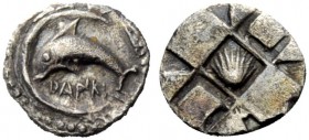 GREEK COINS 
 Zankle-Messana 
 Obol circa 525-494/3, AR 0.53 g. DANKL Dolphin l., within crescent-shaped harbour. Rev. Cockle shell in patterned inc...