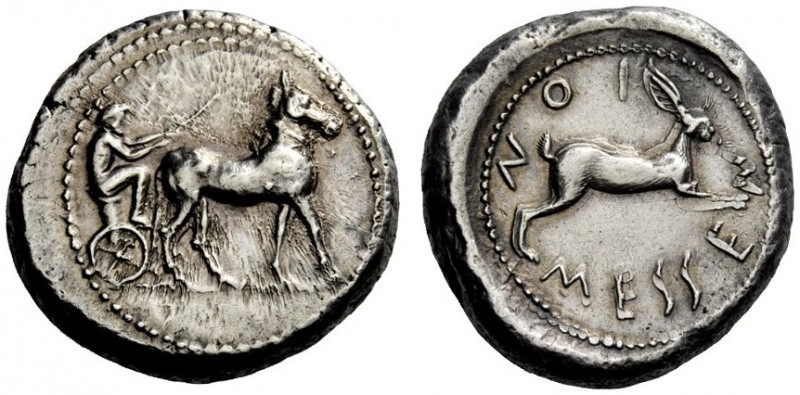 GREEK COINS 
 Zankle-Messana 
 Tetradrachm circa 478-476, AR 17.16 g. Biga of ...