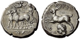 GREEK COINS 
 Zankle-Messana 
 Tetradrachm circa 412-408, AR 17.18 g. Slow biga of mules driven l. by female charioteer, wearing long chiton and hol...