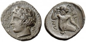 GREEK COINS
Naxos
Hemidrachm circa 420, AR 1.88 g. ASSINO - S Ivy-wreathed head of river god Assinos l. Rev. NAΞI – ON Silenus squatting facing, hea...