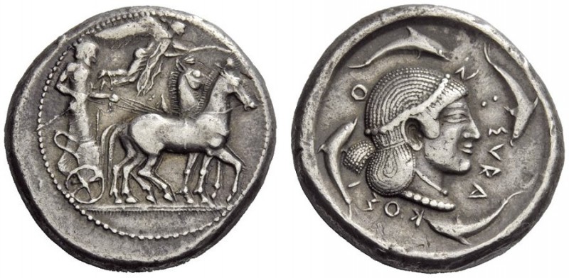 GREEK COINS 
 Syracuse 
 Tetradrachm circa 485-480, AR 17.12 g. Slow quadriga ...