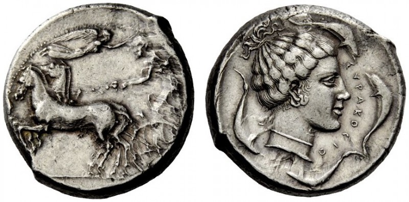 GREEK COINS 
 Syracuse 
 Tetradrachm circa 440, AR 17.23 g. Prancing quadriga ...