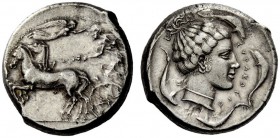 GREEK COINS 
 Syracuse 
 Tetradrachm circa 440, AR 17.23 g. Prancing quadriga driven l. by charioteer, holding kentron and Nike flying r. to crown h...