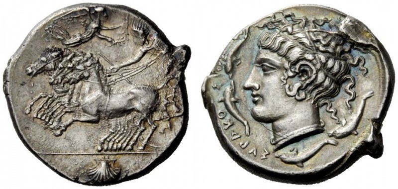 GREEK COINS
Syracuse
Tetradrachm circa 415-405, AR 17.33 g. Prancing quadriga ...