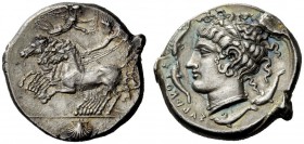 GREEK COINS
Syracuse
Tetradrachm circa 415-405, AR 17.33 g. Prancing quadriga driven l. by charioteer holding kentron and reins; above, Nike flying ...