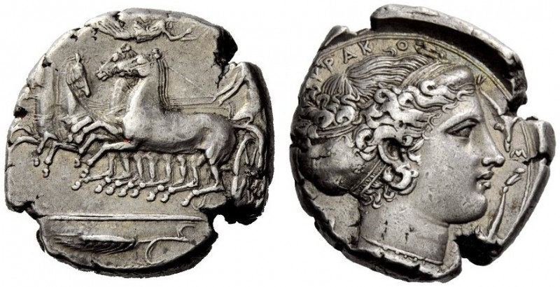 GREEK COINS 
 Syracuse 
 Tetradrachm circa 405-400, AR 17.40 g. Fast quadriga ...