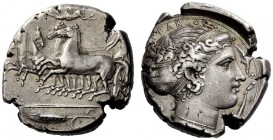 GREEK COINS 
 Syracuse 
 Tetradrachm circa 405-400, AR 17.40 g. Fast quadriga driven l. by charioteer, holding reins and kentron ; in field above, N...