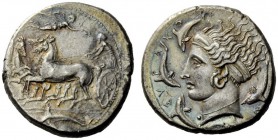GREEK COINS 
 Syracuse 
 Tetradrachm in the manner of Eukleidas circa 405-400, AR 17.14 g. Fast quadriga driven l. by chiton clad charioteer, holdin...