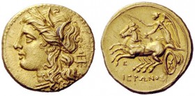 GREEK COINS 
 Syracuse 
 Decadrachm 217-214, AV 4.26 g. Head of Kore-Persephone l., wearing barley wreath; behind, pendant. Rev. Fast biga driven l....