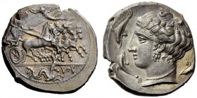 GREEK COINS 
 The Carthaginians in Sicily and North Africa 
 Tetradrachm, Panormus ( zyz ) circa 350-320, AR 16.96 g. Fast quadriga driven r. by cha...