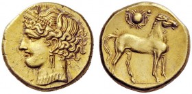 GREEK COINS 
 The Carthaginians in Sicily and North Africa 
 Trihemistater, Carthago 255-241, EL 11.04 g. Head of Tanit l., wearing barley-wreath, b...