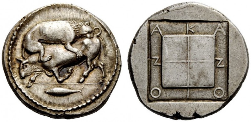 GREEK COINS 
 Macedonia, Acanthus 
 Tetradrachm circa 430-400, AR 17.04 g. Bul...