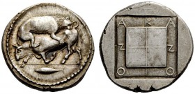 GREEK COINS 
 Macedonia, Acanthus 
 Tetradrachm circa 430-400, AR 17.04 g. Bull crouching to l., attacked by lion leaping on its back to r.; beneath...