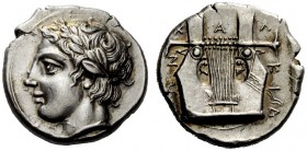 GREEK COINS 
 Olynthus 
 Tetradrachm circa 410-400, AR 14.46 g. Laureate head of Apollo l. Rev. X- A - L - KID - EWN Six-stringed cithara . Pozzi 75...