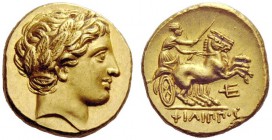 GREEK COINS 
 Philip II, 359 – 336 and posthumous issues 
 Stater, Amphipolis circa 323-315, AV 8.62 g. Laureate head of Apollo r. Rev. Prancing big...