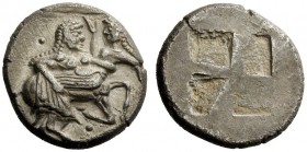 GREEK COINS 
 Thraco-Macedonian Tribes, The Orreskii 
 Stater late sixth-early fifth century BC, AR 9.59 g. Centaur r., abducting nymph; around, two...