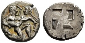GREEK COINS 
 Islands off Thrace, Thasos 
 Stater circa 525-463, AR 9.38 g. Naked ithyphallic satyr supporting nymph under thighs with r. arm, the l...