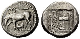 GREEK COINS 
 Thessaly, Larissa 
 Drachm circa 460, AR 5.42 g. Horse grazing l.; between its legs, dog l., head reverted. In field above, caduceus l...