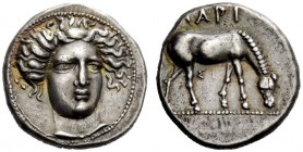 GREEK COINS 
 Thessaly, Larissa 
 Drachm circa 400-380, AR 6.13 g. Head of nymph Larissa facing three-quarter r., wearing ampyx , earring and neckla...