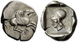 GREEK COINS 
 Acarnania, Leucas 
 Corinthian stater circa 460-450, AR 8.62 g. Pegasus flying r.; below, L. Rev. Head of Athena l., wearing Corinthia...